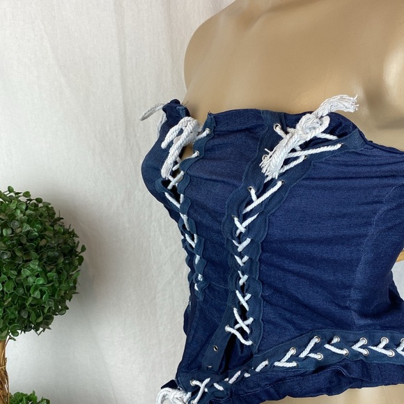 Love Highlight Blue Denim Tie Lace Up Sleeveless Strapless Corset Crop Top XL - Picture 4 of 7